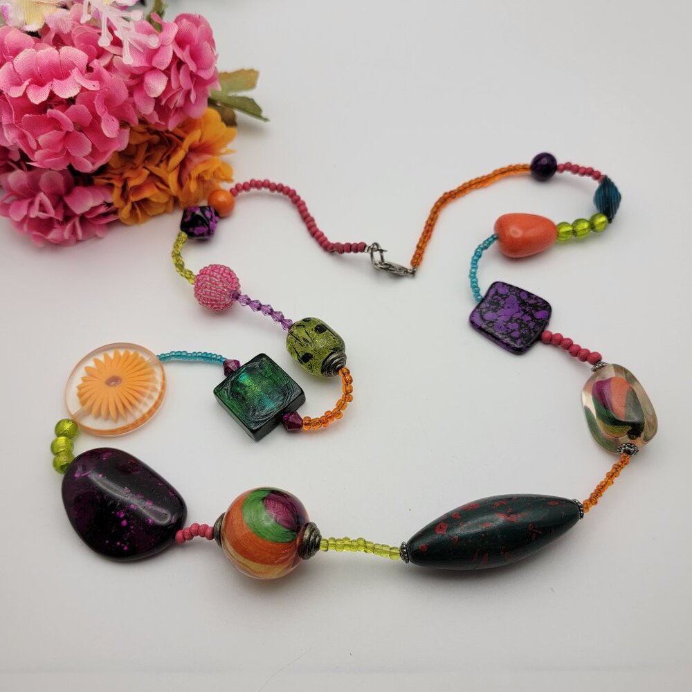 Funky Chunky Acrylic Beaded Necklace 36" Colorful  Murano Glass Style Y2K Boho